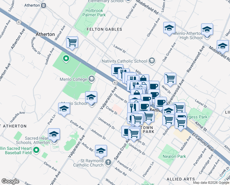 map of restaurants, bars, coffee shops, grocery stores, and more near 98 Victoria Drive in Atherton