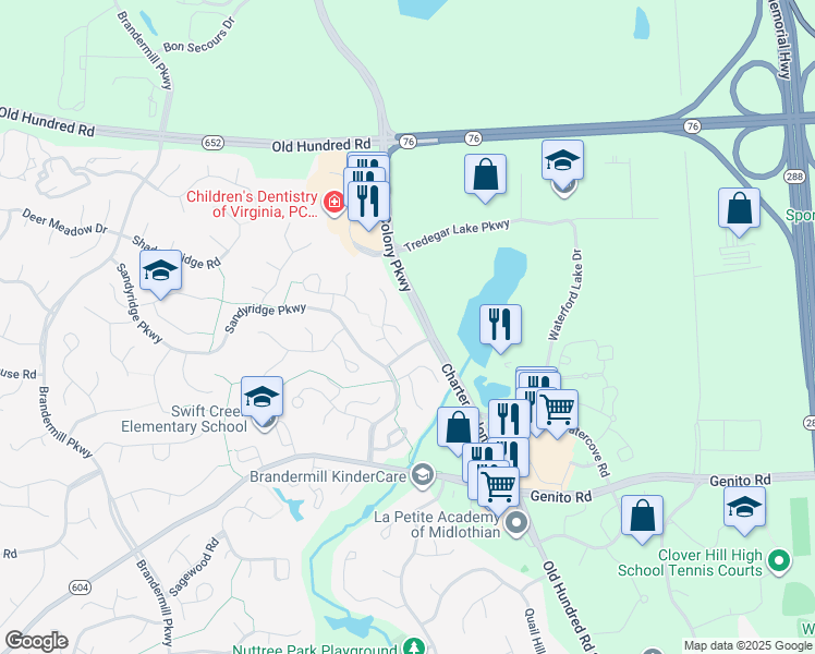map of restaurants, bars, coffee shops, grocery stores, and more near 2509 Carriage Creek Court in Midlothian