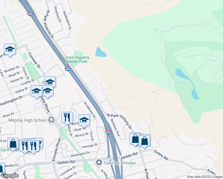 map of restaurants, bars, coffee shops, grocery stores, and more near 1402 El Camino Higuera in Milpitas