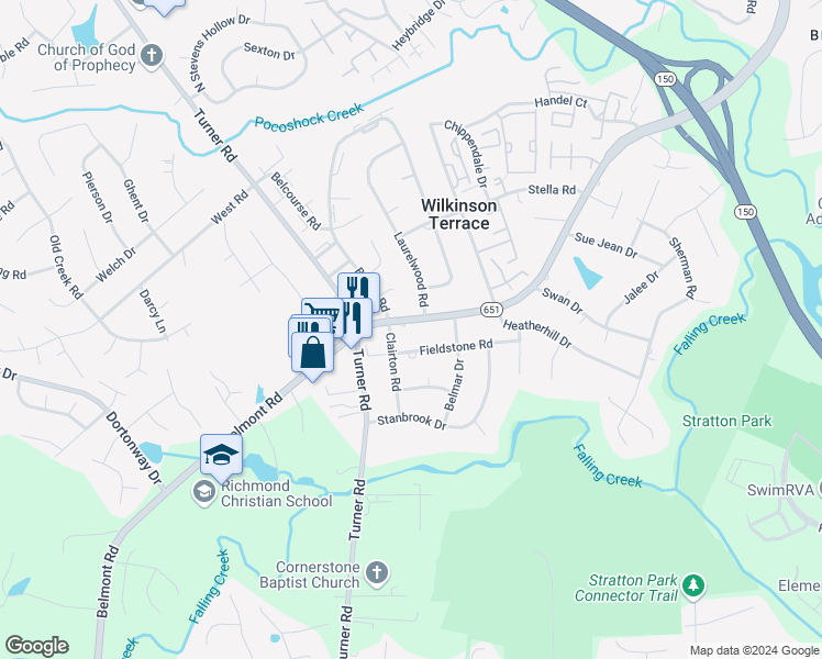 map of restaurants, bars, coffee shops, grocery stores, and more near 5939 Belmont Road North in Richmond