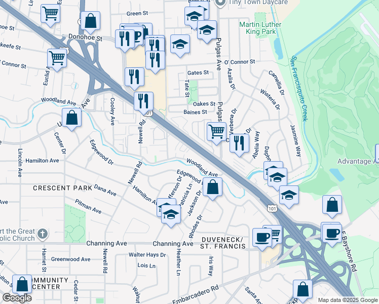 map of restaurants, bars, coffee shops, grocery stores, and more near 1842 West Bayshore Road in East Palo Alto