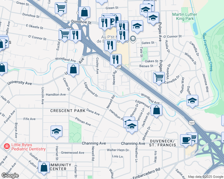 map of restaurants, bars, coffee shops, grocery stores, and more near 5 Newell Road in Palo Alto