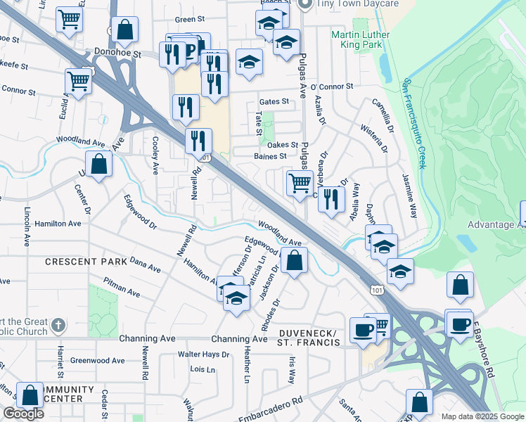 map of restaurants, bars, coffee shops, grocery stores, and more near 1842 West Bayshore Road in East Palo Alto