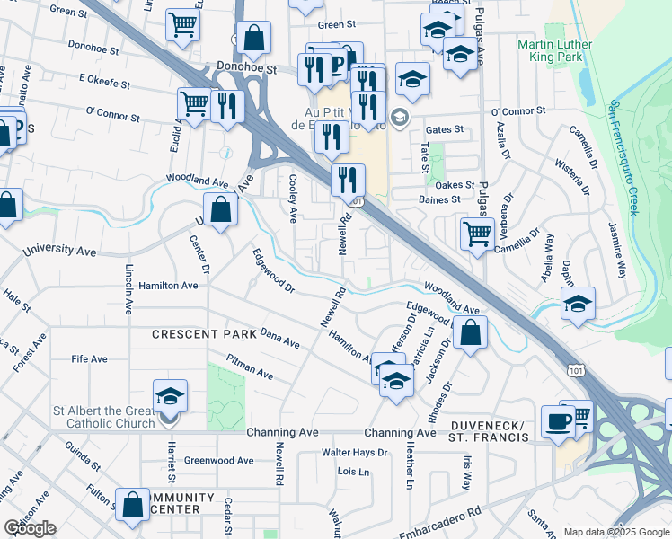 map of restaurants, bars, coffee shops, grocery stores, and more near 5 Newell Road in Palo Alto
