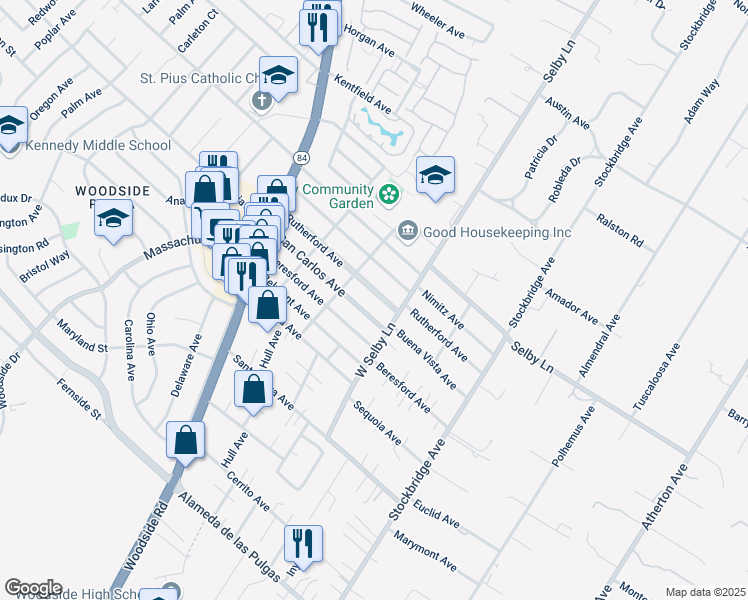map of restaurants, bars, coffee shops, grocery stores, and more near 342 Rutherford Avenue in Redwood City