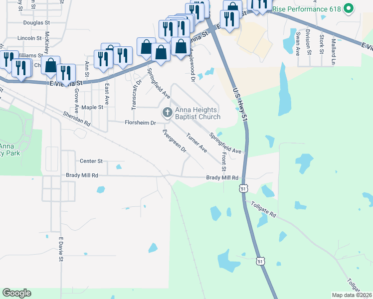 map of restaurants, bars, coffee shops, grocery stores, and more near 117 Evergreen Drive in Anna