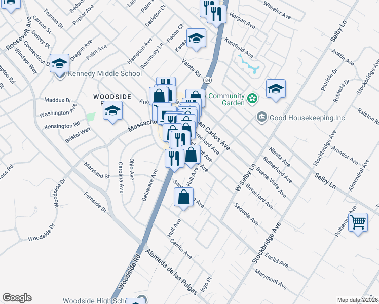 map of restaurants, bars, coffee shops, grocery stores, and more near 131 Sequoia Avenue in Redwood City