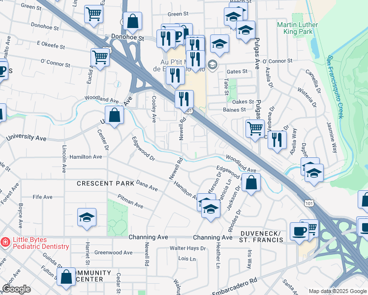 map of restaurants, bars, coffee shops, grocery stores, and more near 1761 Woodland Avenue in East Palo Alto