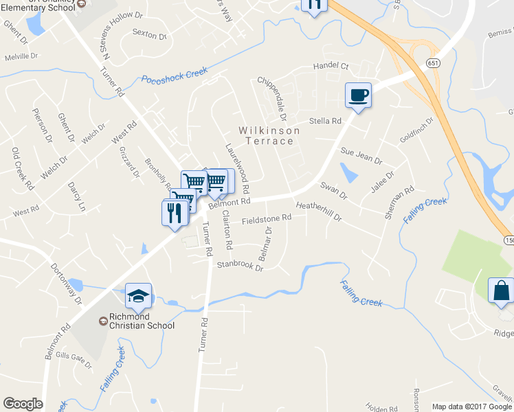 map of restaurants, bars, coffee shops, grocery stores, and more near 5911 Belmont Road in Richmond