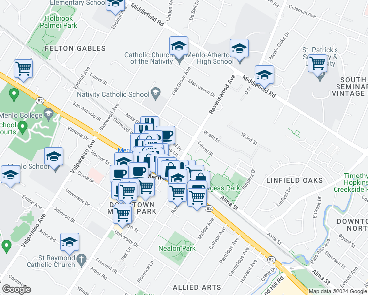 map of restaurants, bars, coffee shops, grocery stores, and more near 1010 Noel Drive in Menlo Park
