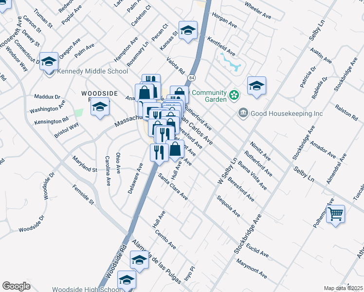 map of restaurants, bars, coffee shops, grocery stores, and more near 131 Sequoia Avenue in Redwood City