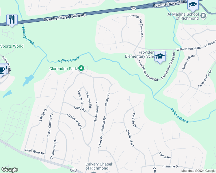 map of restaurants, bars, coffee shops, grocery stores, and more near 2806 Chislet Drive in Midlothian