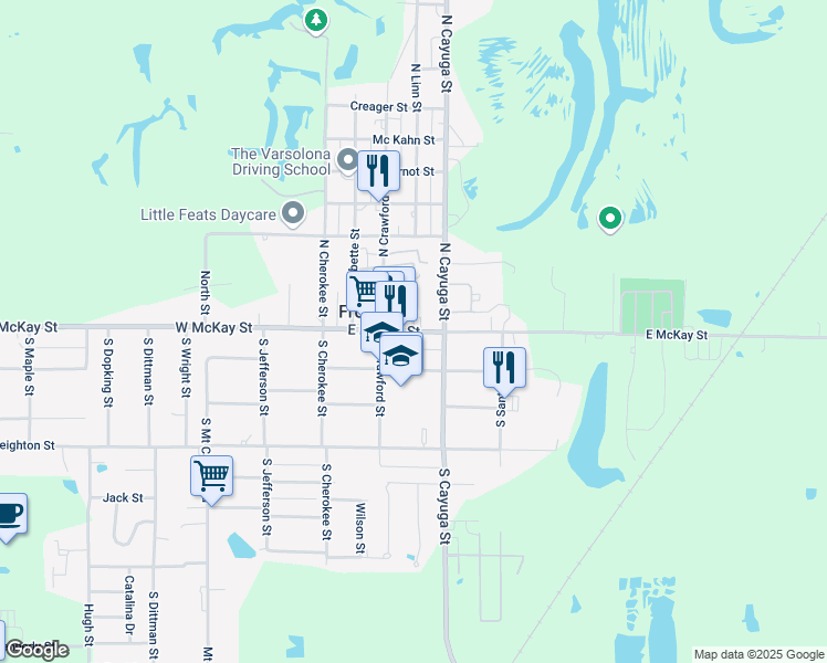 map of restaurants, bars, coffee shops, grocery stores, and more near 401 East McKay Street in Frontenac