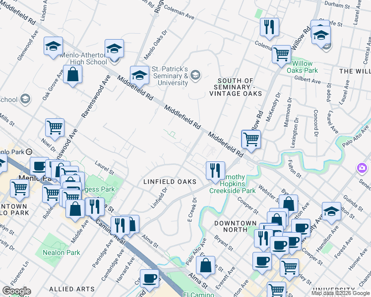 map of restaurants, bars, coffee shops, grocery stores, and more near 301 Homewood Place in Menlo Park