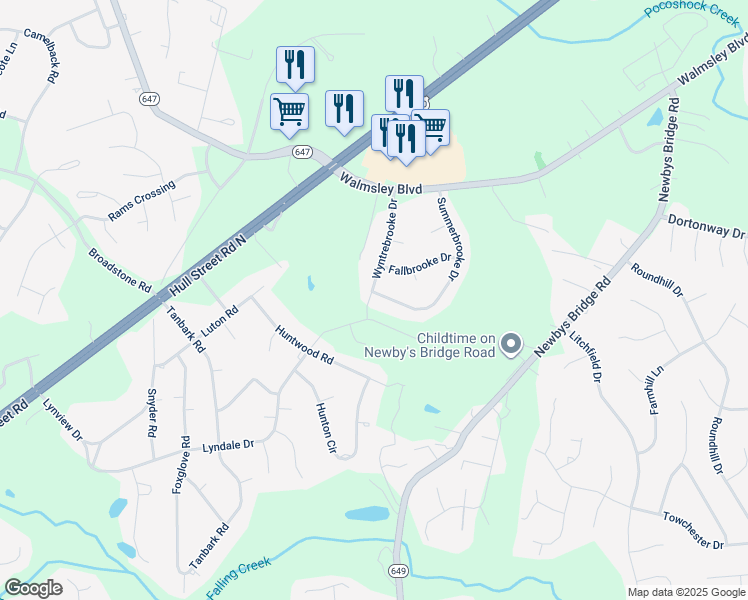 map of restaurants, bars, coffee shops, grocery stores, and more near 3441 Summerbrooke Drive in Richmond
