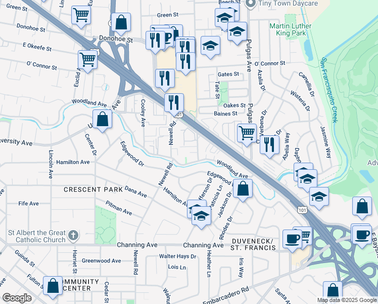 map of restaurants, bars, coffee shops, grocery stores, and more near 1837 Clarke Avenue in East Palo Alto