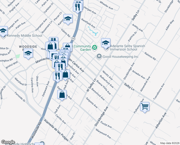 map of restaurants, bars, coffee shops, grocery stores, and more near 342 Rutherford Avenue in Redwood City