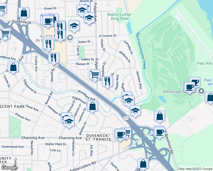 map of restaurants, bars, coffee shops, grocery stores, and more near 148 Verbena Drive in East Palo Alto