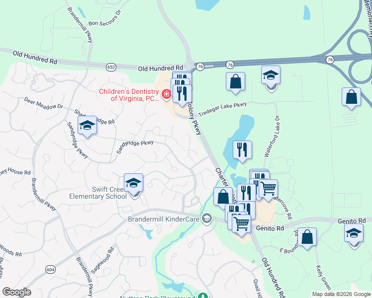map of restaurants, bars, coffee shops, grocery stores, and more near 2420 Carriage Creek Road in Midlothian