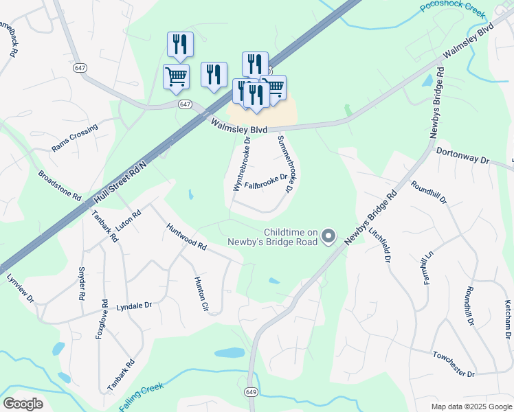 map of restaurants, bars, coffee shops, grocery stores, and more near 3412 Summerbrooke Drive in Richmond