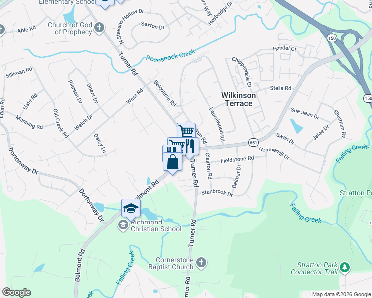 map of restaurants, bars, coffee shops, grocery stores, and more near 6100 Belmont Road in Chesterfield