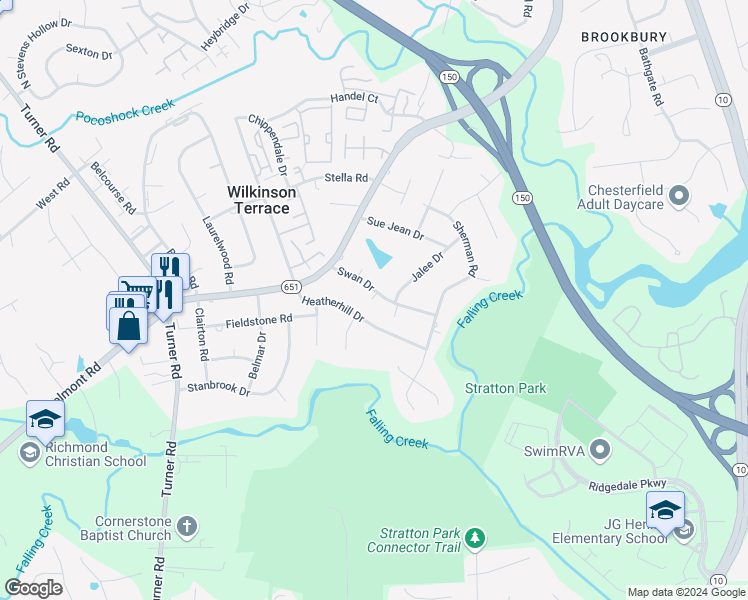 map of restaurants, bars, coffee shops, grocery stores, and more near 5613 Swan Drive in Richmond