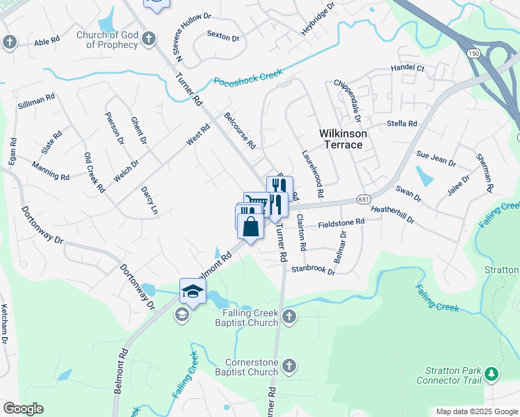 map of restaurants, bars, coffee shops, grocery stores, and more near 4125 Bronholly Road in Chesterfield