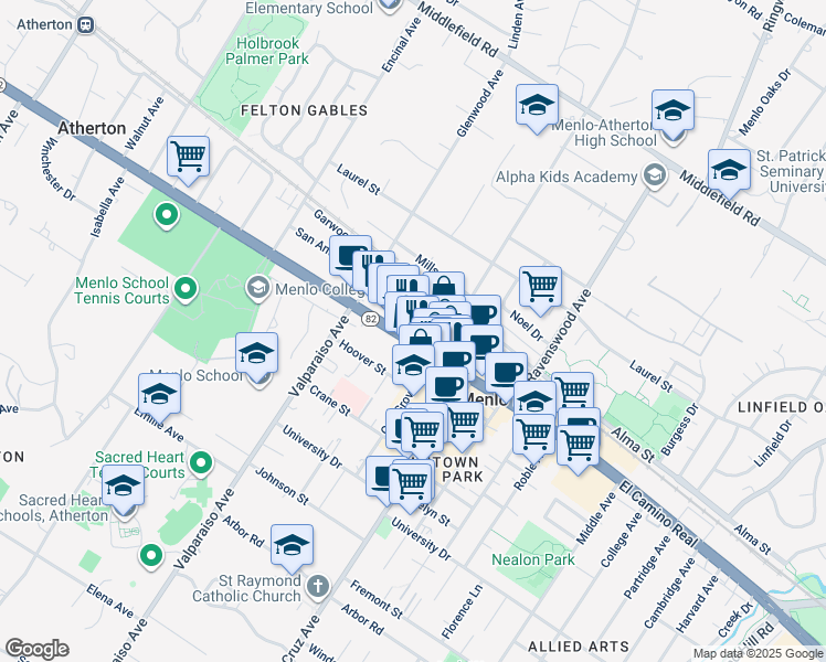 map of restaurants, bars, coffee shops, grocery stores, and more near 1275 California 82 in Menlo Park