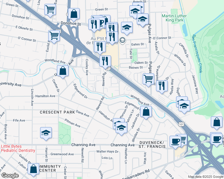 map of restaurants, bars, coffee shops, grocery stores, and more near 1837 Clarke Avenue in East Palo Alto