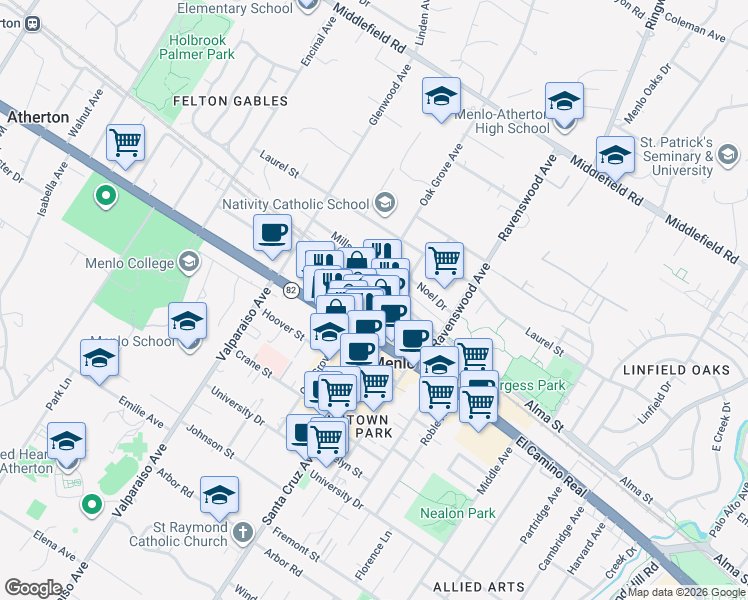 map of restaurants, bars, coffee shops, grocery stores, and more near 1175 Merrill St in Menlo Park