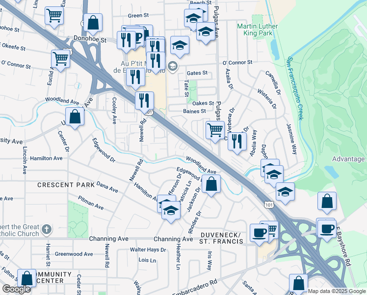 map of restaurants, bars, coffee shops, grocery stores, and more near 1838 West Bayshore Road in East Palo Alto