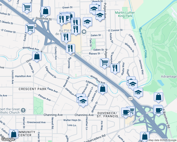 map of restaurants, bars, coffee shops, grocery stores, and more near 1838 West Bayshore Road in East Palo Alto