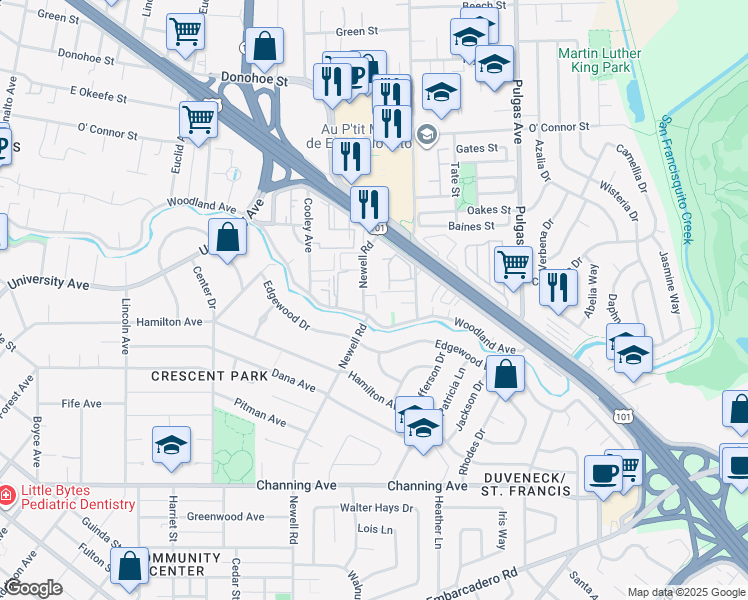 map of restaurants, bars, coffee shops, grocery stores, and more near 1837 Clarke Avenue in East Palo Alto