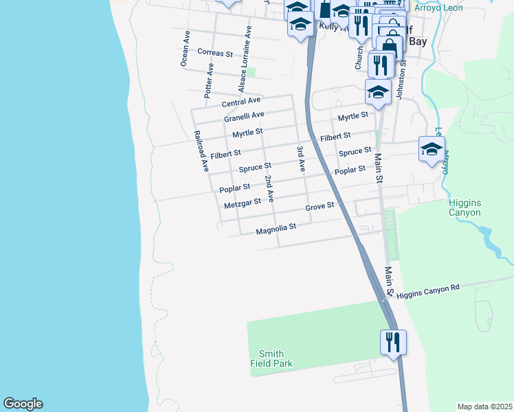 map of restaurants, bars, coffee shops, grocery stores, and more near 344 Metzgar Street in Half Moon Bay