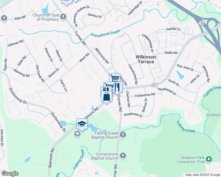 map of restaurants, bars, coffee shops, grocery stores, and more near 4125 Bronholly Road in Chesterfield