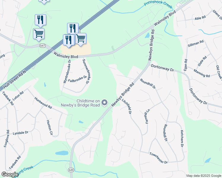 map of restaurants, bars, coffee shops, grocery stores, and more near 3900 Newbys Bridge Road in Chesterfield