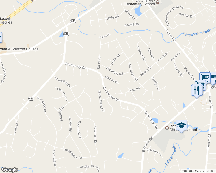 map of restaurants, bars, coffee shops, grocery stores, and more near 7109 Dortonway Court in Chesterfield