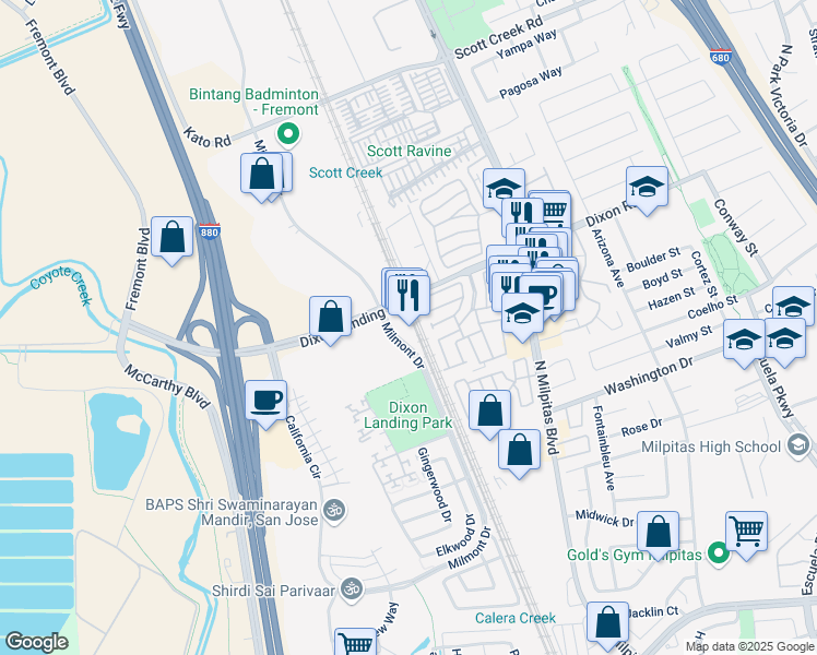 map of restaurants, bars, coffee shops, grocery stores, and more near 1798 Milmont Drive in Milpitas