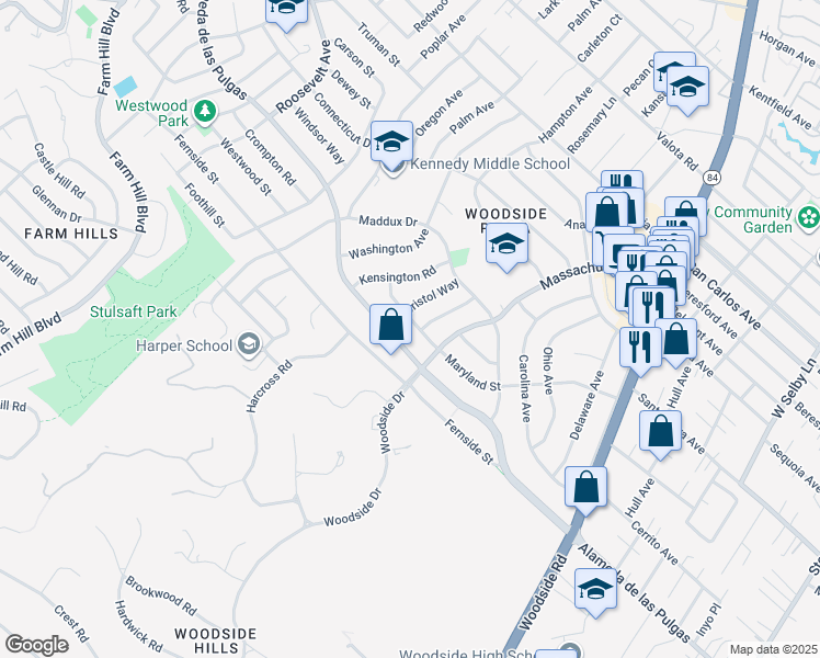 map of restaurants, bars, coffee shops, grocery stores, and more near 1660 Maryland Street in Redwood City