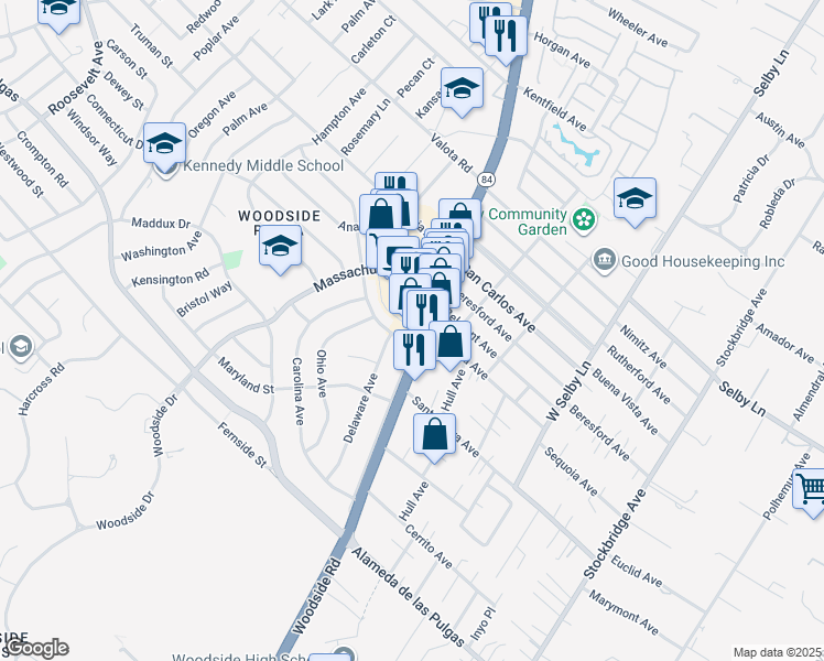 map of restaurants, bars, coffee shops, grocery stores, and more near 1690 Woodside Road in Redwood City
