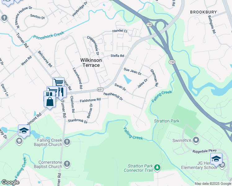 map of restaurants, bars, coffee shops, grocery stores, and more near 5616 Heatherhill Drive in Richmond