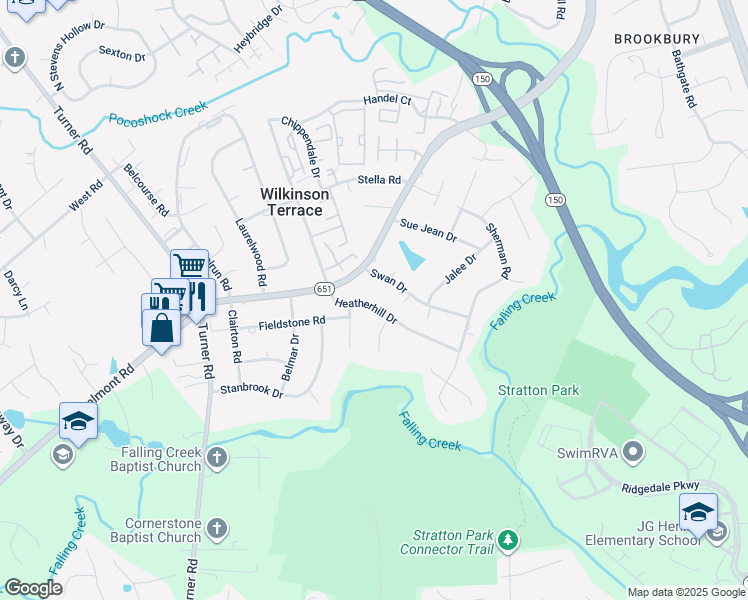 map of restaurants, bars, coffee shops, grocery stores, and more near 5616 Heatherhill Drive in Richmond