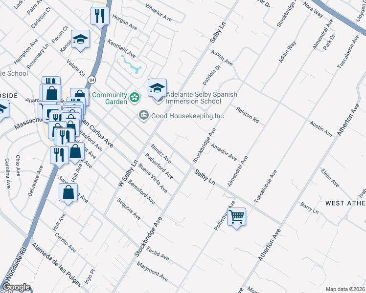 map of restaurants, bars, coffee shops, grocery stores, and more near 269 Selby Lane in Atherton