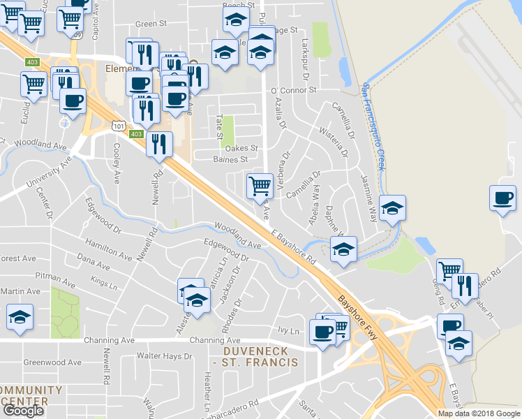 map of restaurants, bars, coffee shops, grocery stores, and more near 1933 Pulgas Avenue in East Palo Alto