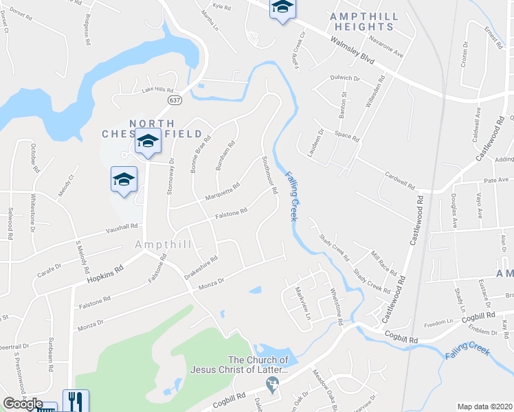 map of restaurants, bars, coffee shops, grocery stores, and more near 3531 Falstone Road in Richmond