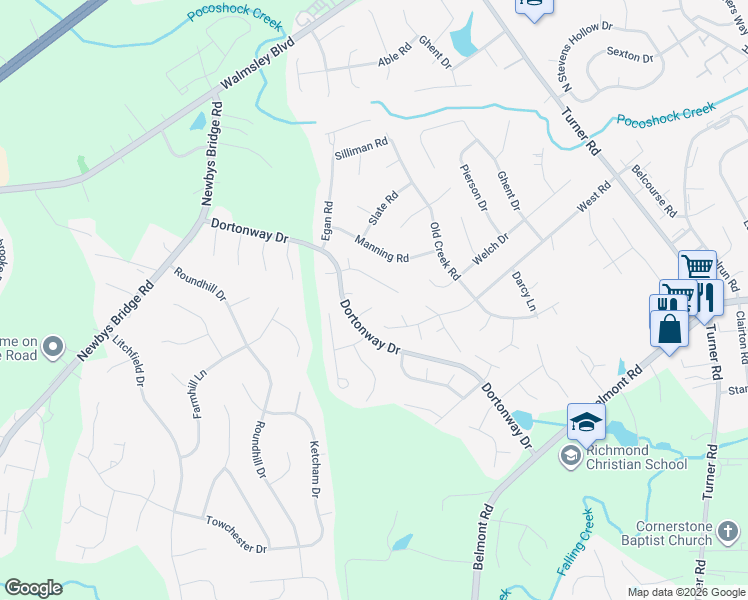 map of restaurants, bars, coffee shops, grocery stores, and more near 7109 Dortonway Court in Chesterfield