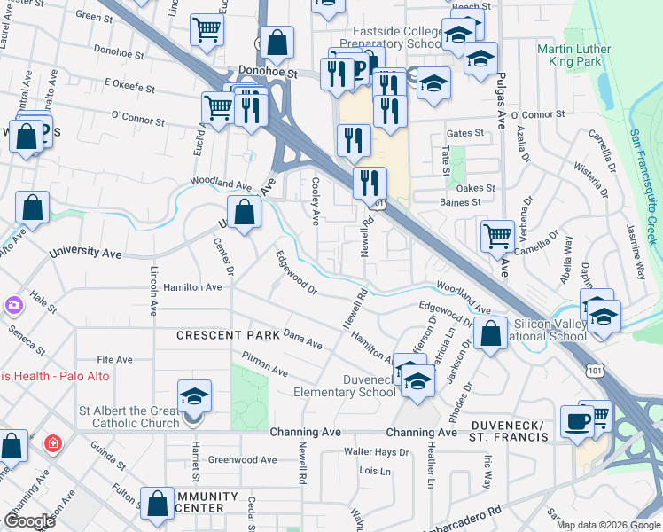 map of restaurants, bars, coffee shops, grocery stores, and more near 1717 Woodland Avenue in East Palo Alto