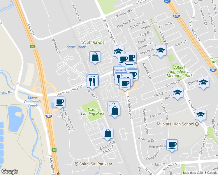 map of restaurants, bars, coffee shops, grocery stores, and more near 120 Dixon Landing Road in Milpitas