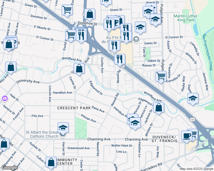 map of restaurants, bars, coffee shops, grocery stores, and more near 1707 Woodland Avenue in Palo Alto