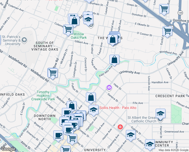 map of restaurants, bars, coffee shops, grocery stores, and more near 858 Woodland Court in Menlo Park